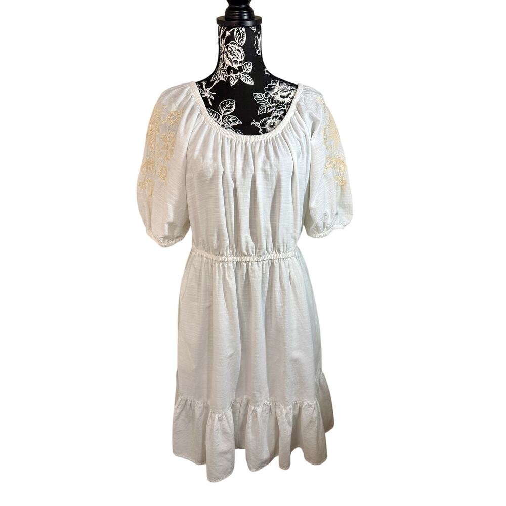 Knox Rose White Tiered Puff Sleeve Embroidered Dress Size M 100% Cotton